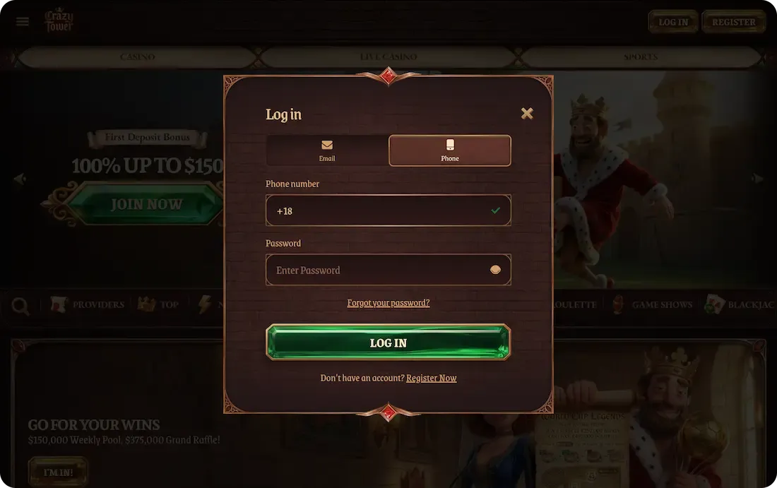 crazytower casino phone login
