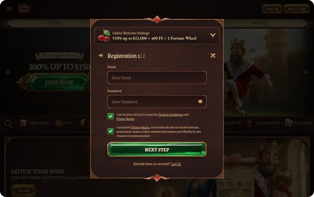 crazytower casino registration